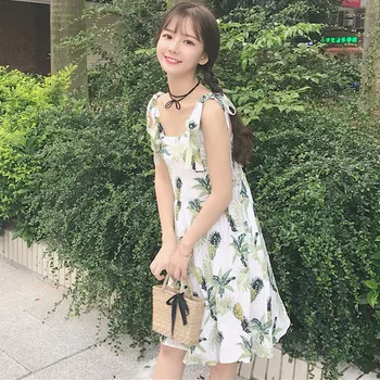 2018 m. Vasaros Naują Moterų korėjos versija spausdinti lankas Suknelė be rankovių Mados Atsitiktinis Mielas Temperamentas Mori mergina Suknelė