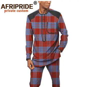 Afrikos Vyrų Drabužiai Print Marškinėliai Ankara Kelnės 2 dalių Komplektas Dashiki Apranga, Vaško Drabužiui Genčių Dėvėti Nustatyti AFRIPRIDE A1916062B Nuotrauka 2