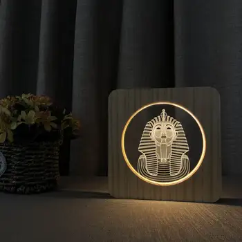 Egipto Faraonas LED Nakties Šviesos 3D Lempa, Minkštas Šiltas Baltos Spalvos Medžio, Akrilo Stalo Lempa Dovanos su USB Power