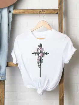 Gėlių Tikėjimo Nauja Tendencija Trumpas Rankovės Ponios marškinėliai Graphic Tee Drabužių Vasaros Atsitiktinis Moterų Mados Moterų Marškinėliai Drabužių