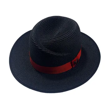 Juoda Šiaudų skrybėlę Vyrai moterys Raudona Grandinės saulės skrybėlę flat top plokščių kraštų top hat lauko laisvalaikio saulės skrybėlę pajūrio skėtį nuo saulės paplūdimio skrybėlę Nuotrauka 2