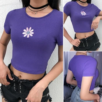 Karšto Kf-Moterų Apkarpytos Gėlių Siuvinėjimas, Marškinėliai O-Kaklo Trumpomis Rankovėmis T-Shirt Vasaros Atsitiktinis Seksualus Apkarpyti Viršūnes