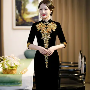 Kinų Stiliaus Cheongsam Elegantiškas Aksomo Suknelė Moterims Pusė Rankovės Siuvinėjimas Cheongsam Womenn Bodycon Vidurio blauzdos Blizgančiais Suknelės