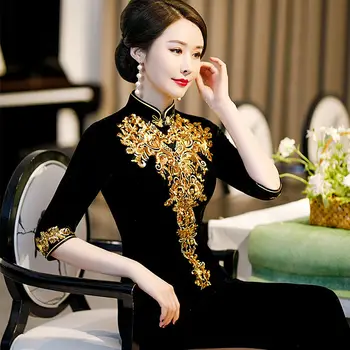 Kinų Stiliaus Cheongsam Elegantiškas Aksomo Suknelė Moterims Pusė Rankovės Siuvinėjimas Cheongsam Womenn Bodycon Vidurio blauzdos Blizgančiais Suknelės Nuotrauka 2