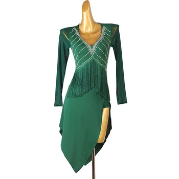 Lotynų Šokių Sijonas Moterims Ilgomis Rankovėmis Žalia Kutas Rumba Samba Lotynų Žaidimas Dress Suaugusiųjų Lotynų Konkurenciją Šokių Suknelės