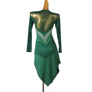 Lotynų Šokių Sijonas Moterims Ilgomis Rankovėmis Žalia Kutas Rumba Samba Lotynų Žaidimas Dress Suaugusiųjų Lotynų Konkurenciją Šokių Suknelės Nuotrauka 2
