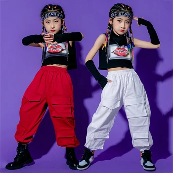 Lūpų Spausdinti Viršuje Krovinių Kelnės Mergaitėms Džiazo Šokio Kostiumas Vaikams Kietas Hip-Hop Naudingumo Šokių Drabužius Etape Parodyti Komplektus XS3886