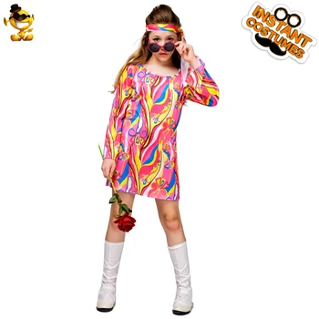 Merginos 60s 70s Hipių Suknelė, Kostiumas Helovyno Cosplay Suknelė Šalies Vaikų Gėlių Spalvinga Šalis Kostiumas Šalis Cosplay