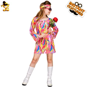 Merginos 60s 70s Hipių Suknelė, Kostiumas Helovyno Cosplay Suknelė Šalies Vaikų Gėlių Spalvinga Šalis Kostiumas Šalis Cosplay Nuotrauka 2