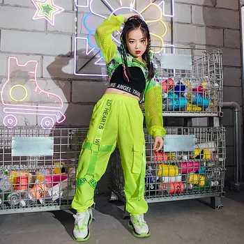 Nauja Hip-Hop Kostiumai Mergaičių Fluorescencinė Žalia Viršūnes Kelnes Gatvės Šokių Aprangą Moderniojo Džiazo Šokio Spektaklis Dėvėti Kpop Rave Drabužiai Nuotrauka 2