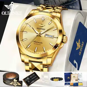 OUPINKE Originalūs vyriški Laikrodis Aukso Deimantų Volframo plieno, Safyro Importuotų Mechaninė Judėjimas į Viršų Šviesos Laikrodžių Vyrams