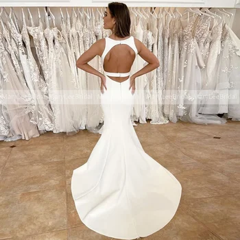 Paprasta Undinė Satino Vestuvių Suknelės Pasinėrus V-kaklo, Rankovių Atvira nugara White Beach Vestuvinės Suknelės Moterims 2022 Oficialų Suknelė Nuotrauka 2