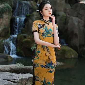 Retro Kinijos Krano Spausdinti Satino Trumpas Rankovės Cheongsam Moterys, Seksualus, Elegantiškas Mandarinų Apykaklės Šifono Qipao Suknelė
