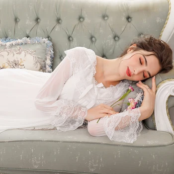 Rudenį Palace Saldus Princesė Naktį Suknelė Moterims Modalinis Tinklelio Nėriniai Midi Suknelė Pižamą Sleepwear O-kaklo, ilgomis Rankovėmis Laisvas apatinis Trikotažas Nuotrauka 2