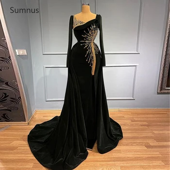 Sumnus Vintage Black Vakaro Suknelės 2022 Visą Rankovėmis Veliūras Undinė Kristalų Ilgai Traukinio Vestidos De Noche Oficialus
