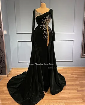 Sumnus Vintage Black Vakaro Suknelės 2022 Visą Rankovėmis Veliūras Undinė Kristalų Ilgai Traukinio Vestidos De Noche Oficialus Nuotrauka 2