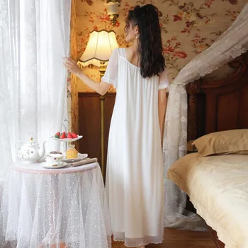 Tulin Mados Moterų Nightie Sleepwear Medvilnė Seksuali Pižamą Long Moteris Derliaus Baltos Suknelės trumpomis Rankovėmis Vasarą Phoentin Nuotrauka 2