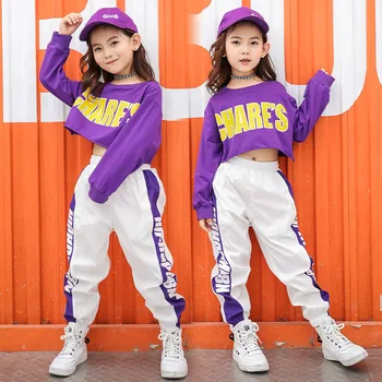 Vaikai Kietas Hip-Hop Drabužių Palaidinukė Pasėlių Top ilgomis Rankovėmis Marškinėliai Balti Jogger Streetwear Kelnės Mergaitėms Džiazo Šokių Drabužiai