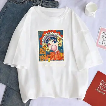 Vasarą, 100% Medvilnės Marškinėliai Moterims Harajuku y2k Drabužiai Laisvi Kawaii Anime Pekino Operos Spausdinti Trumpas Rankovėmis marškinėliai Moteriška Viršų Nuotrauka 2