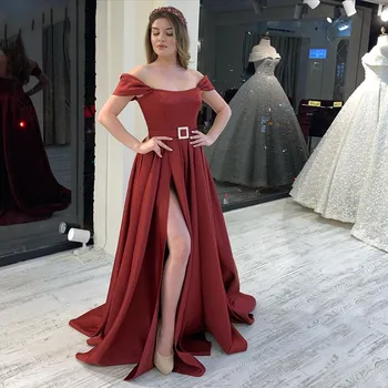 Vestidos Elegantes Para Mujer Off Peties Varčios Vakaro Suknelės 2022 Ilgai Ruched Pusėje Padalinta Satino Vestidos De Fiesta