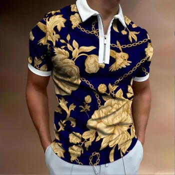 Vyriški POLO Marškinėliai Europos Ir Amerikos Vasaros Mados Tendencija Atvartas 3D Spausdinimo Pusė Užtrauktukas Trumpas Rankovėmis POLO Marškinėliai Atsitiktinis Viršūnės