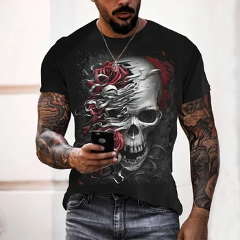Vyriški T-shirt su 3D atspausdintas kaukolė ir zombie modelis, asmeninį madinga streetwear, negabaritinių vasaros orui viršų