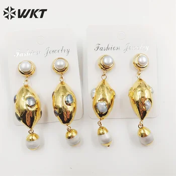 WT-MPE087 WKT naujo dizaino Ovalo formos 18k nekilnojamojo aukso spalvos Natūralių Perlų auskarai Lady tauriųjų ilgai tabaluoti rankų darbo vestuvių smeigės